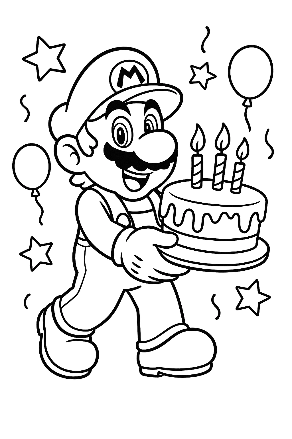 Mario segurando um bolo de aniversário